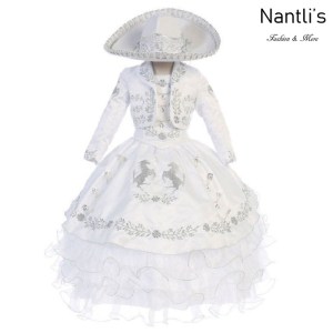 Traje de Charro Mayoreo TM76221 White-Silver Traje de Charro nina presentacion vestido chaquetin sombrero girls Nantlis Tradicion de Mexico