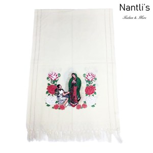TM-73421 Blanco Rebozo Mexicano Estampado de Virgen de Guadalupe mayoreo wholesale Mexican Shawl 68x25 Nantlis Tradicion de Mexico