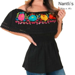 TM-77508 Black Blusa Campesina Bordada con resorte Mujer mayoreo wholesale Mexican Embroidered Blouse Nantlis Tradicion de Mexico