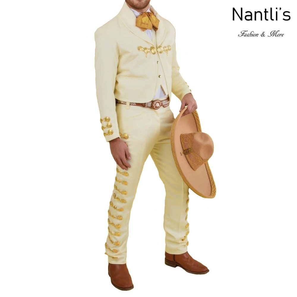 TM-72131-34-44 Beige-Gold Traje Charro hombre Botonadura mens charro suit Nantlis Tradicion de Mexico