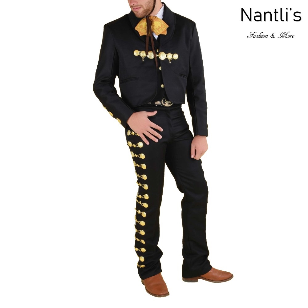 TM-72132-34-44 Black-Gold Traje Charro hombre Botonadura mens charro suit Nantlis Tradicion de Mexico