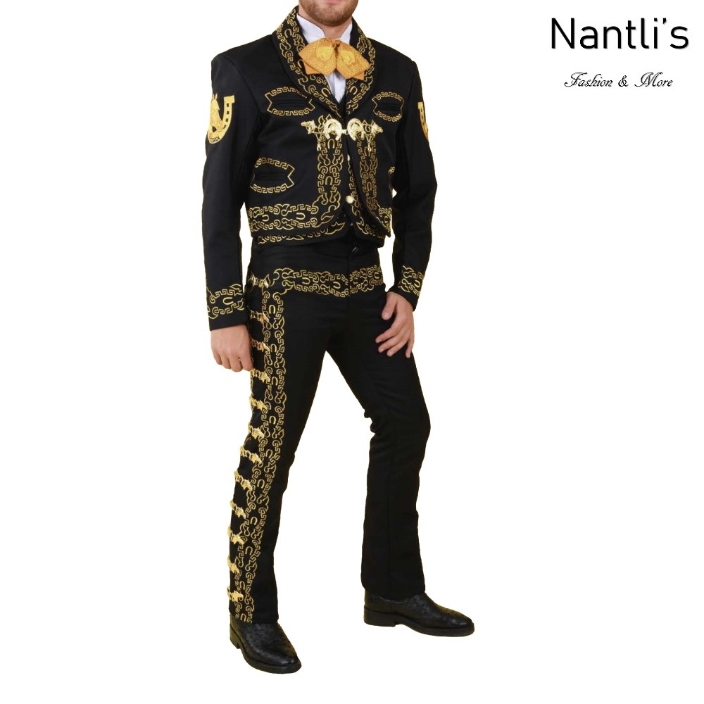 TM-72177-46-52 Black-Gold Traje Charro hombre Botonadura y Bordado mens charro suit Nantlis Tradicion de Mexico