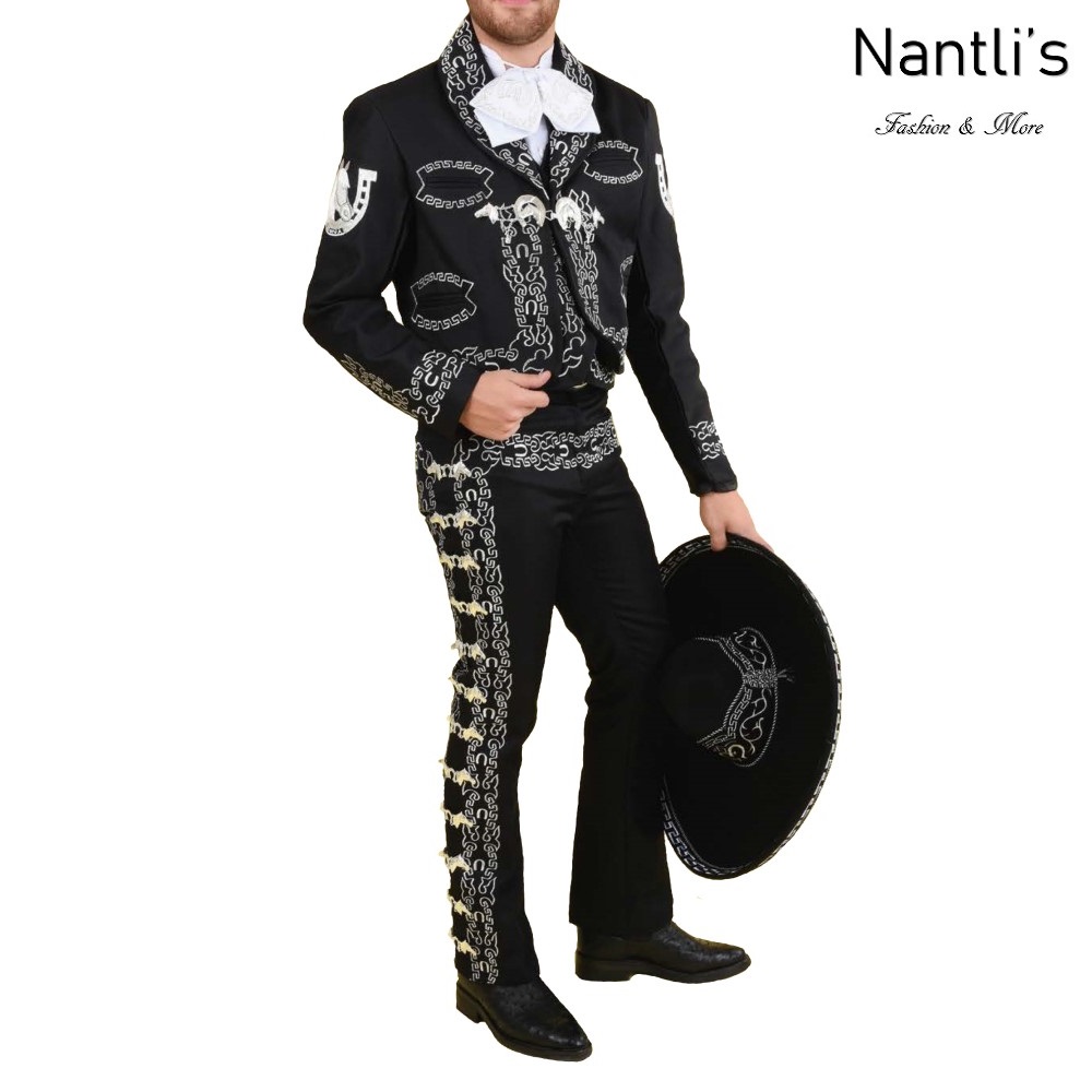 TM-72178-46-52 Black-Silver Traje Charro hombre Botonadura y Bordado mens charro suit Nantlis Tradicion de Mexico