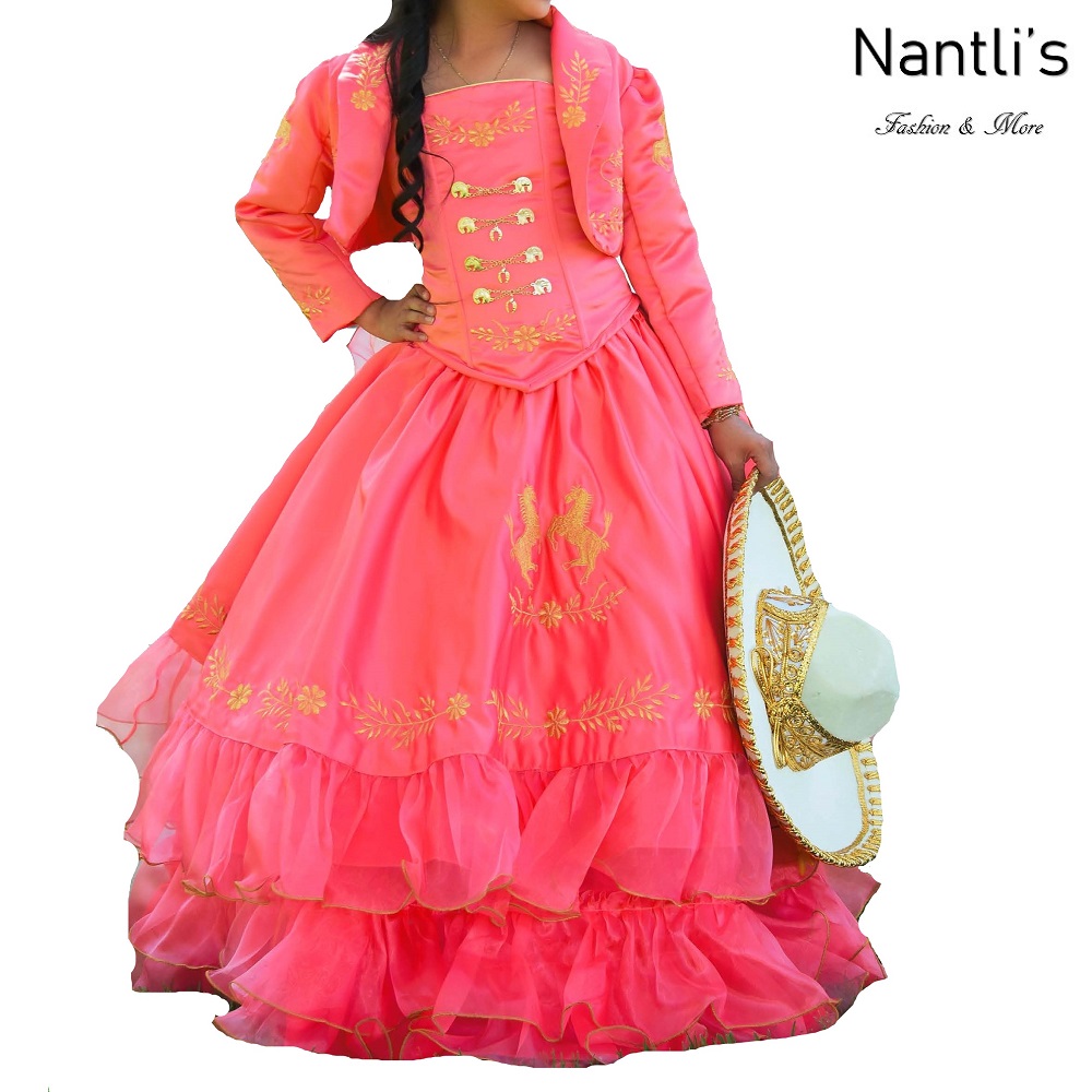 TM-76231-2-10 Fuchsia-Golden Traje de Charro nina vestido presentacion Charro suit set for girls Nantlis Tradicion de Mexico