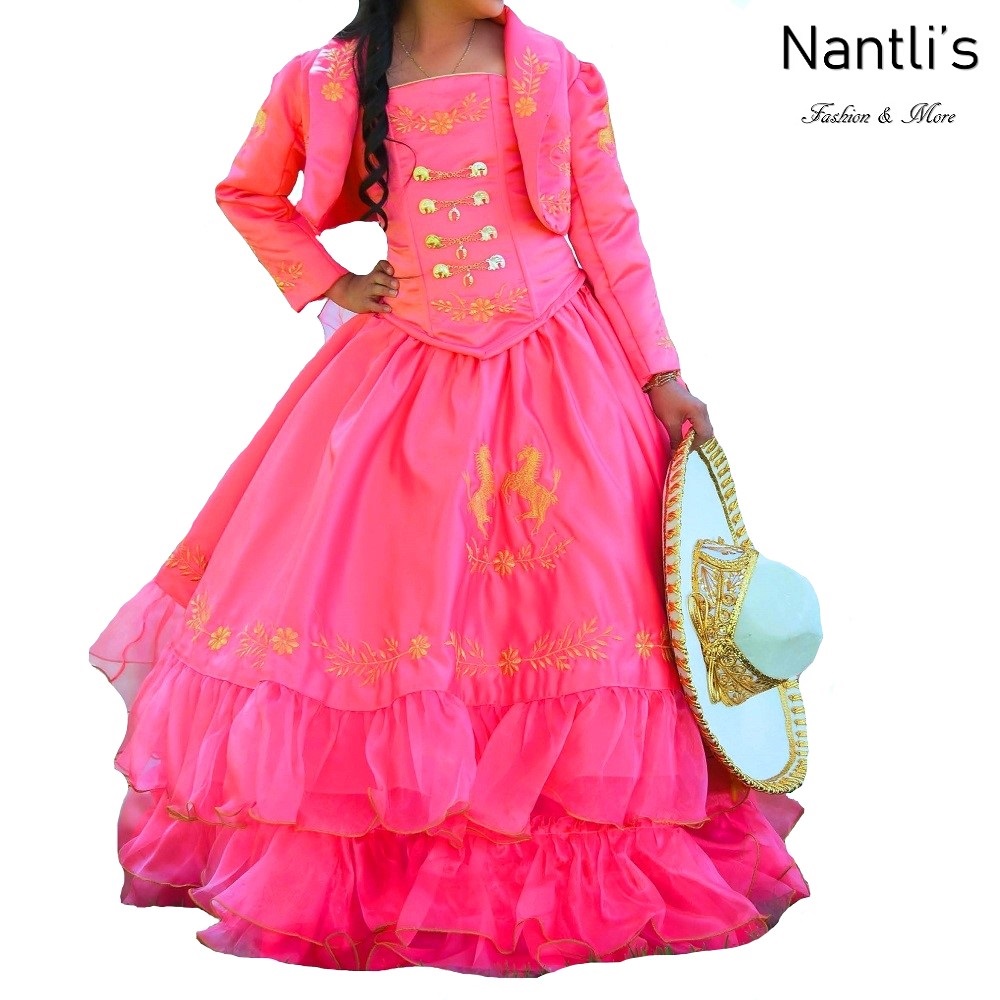 TM-76231-2-10 Peach-Golden Traje de Charro nina vestido presentacion Charro suit set for girls Nantlis Tradicion de Mexico