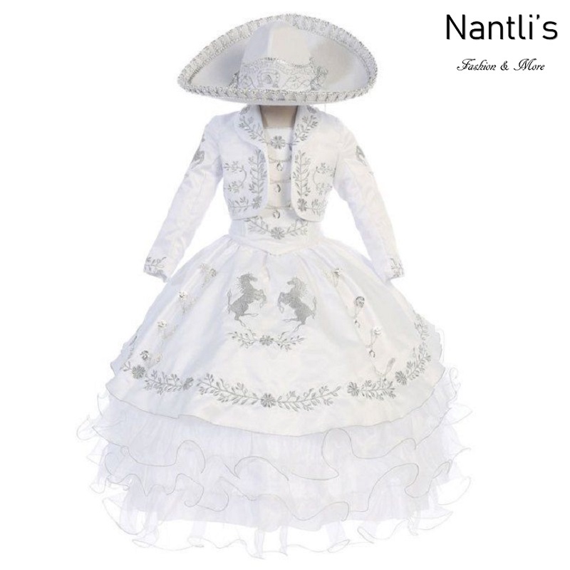 TM-76233-2-10 White-Silver Traje de Charro nina vestido presentacion Charro suit set for girls Nantlis Tradicion de Mexico