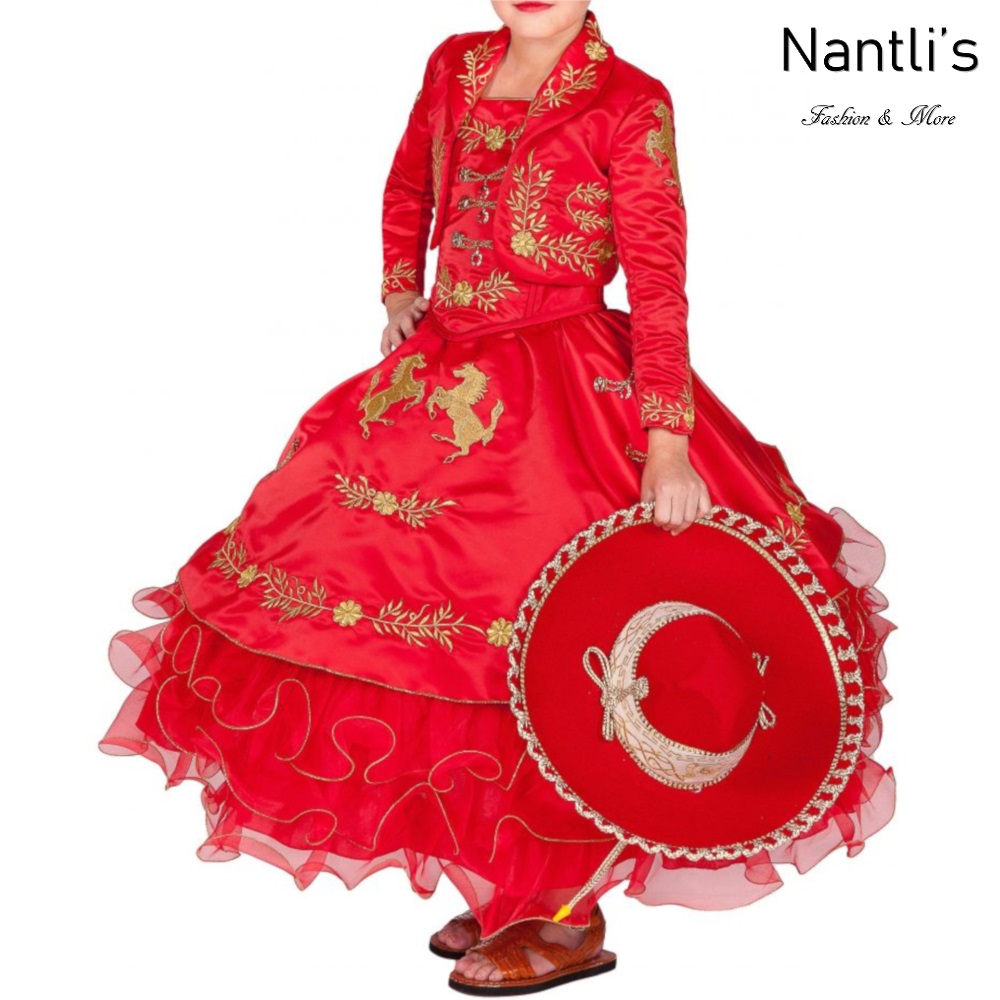 TM-76236-2-10 Red-Golden Traje de Charro nina vestido presentacion Charro suit set for girls Nantlis Tradicion de Mexico